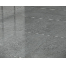 Fliesenboden mit grauem Steindekor.