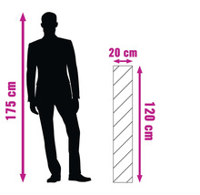 Illustration der Abmessungen eines Produkts: 120 cm Höhe, 20 cm Breite im Vergleich zu einer Person von 175 cm Größe.