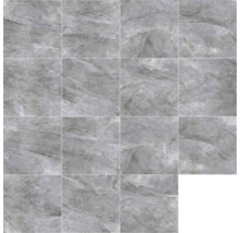 Graue Bodenfliesen mit Marmoroptik.