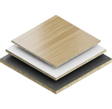 Gestapelte Holzspanplatten in Holzoptik, Weiss und Schwarz