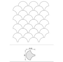 Schematische Darstellung von Mosaikfliesen im Fächerdesign mit Maßangaben