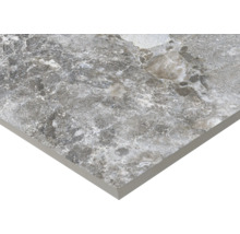 Nahaufnahme einer grauen Bodenfliese mit Marmorstruktur.