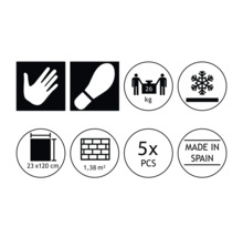 Symbole und Siegel: Hand, Schuhabdruck, Gewicht, Frostbeständigkeit, Fliesengröße, Flächenangabe, Stückzahl, Herkunftsland