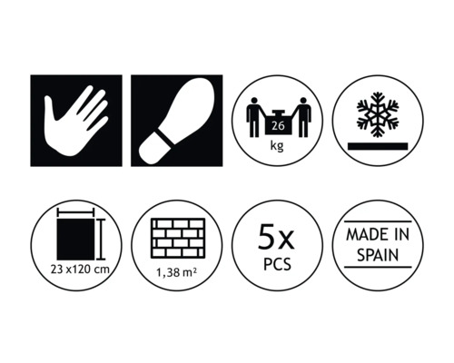 Produktbild 11 (groß) Symbole und Siegel: Hand, Schuhabdruck, Gewicht, Frostbeständigkeit, Fliesengröße, Flächenangabe, Stückzahl, Herkunftsland