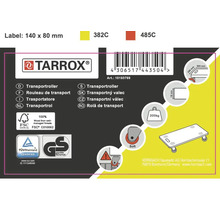 Tarrox Logo, FSC Siegel, TUEV Rheinland Siegel, Gepruefte Sicherheit Siegel, Barcode, Produktdetails und Maßangaben zum Transportroller