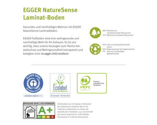EGGER Nature Sense Laminatboden Informationen zu Umweltzeichen und Materialzusammensetzung
