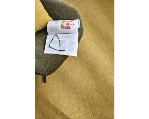 Szene mit Teppich, Sessel, Kissen, Zeitschrift und Brille