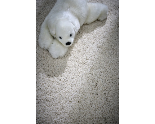 Detailaufnahme eines Teppichs mit einem Stofftier in Form eines Eisbären