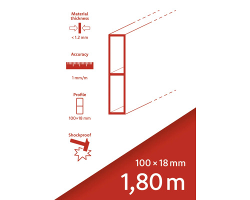 Materialstärke kleiner als 1,2 Millimeter, Genauigkeit 1 Millimeter pro Meter, Profil 100 x 18 Millimeter, stoßfest, Länge 1,80 Meter