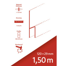 Materialstärke kleiner als 1,6 Millimeter. Genauigkeit 1 Millimeter pro Meter. Profil 120 x 29 Millimeter. Stoßfest. Länge 1,50 Meter.