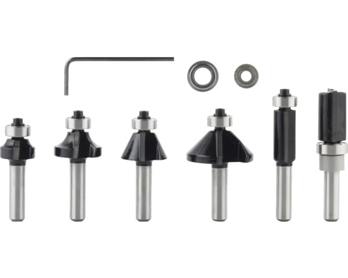 Mehrteiliges Oberfräser-Set aus Metall mit verschiedenen Profilfräsern, zwei Kugellagern und einem Innensechskantschlüssel.