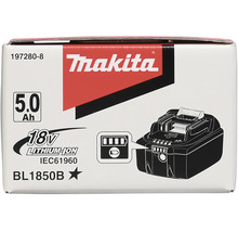 Verpackung eines Makita 18 Volt 5,0 Amperestunden Lithium-Ionen-Akkus Modell BL1850B mit Ladestandsanzeige und Makita Logo.