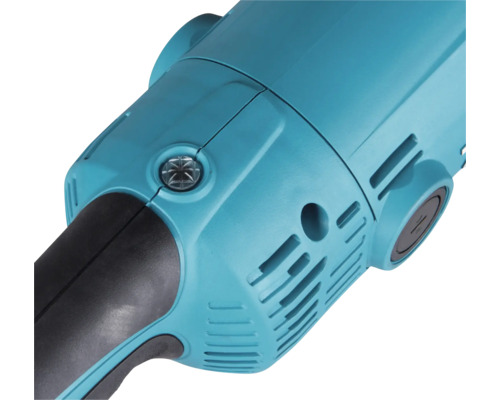 Nahaufnahme eines Elektrowerkzeug-Gehäuses mit Lüftungsschlitzen und Schraubkappe für den Kohlebürstenwechsel.