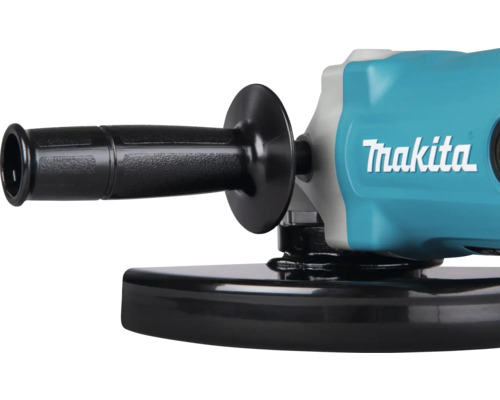 Makita Winkelschleifer mit Seitengriff und Schutzhaube. Makita Logo auf dem Gehäuse.