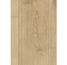 Laminatboden in heller Eichenoptik mit natürlicher Maserung und Astlöchern.