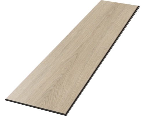 Einzelne Bodenplanke in heller Eichenoptik mit strukturierter Holzmaserung.