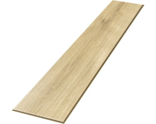 Einzelne Bodenplanke mit Holzdekor in heller Eichenoptik und strukturierter Oberfläche für Bodenbeläge.