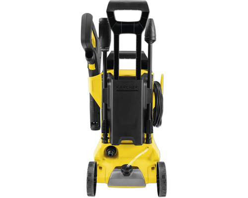 Kärcher Hochdruckreiniger Rückansicht mit Zubehör wie Spritzpistole, Strahlrohren, Schlauch und Rädern.