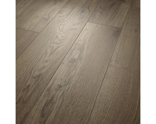 Laminatboden in Eichenoptik mit ausgeprägter Holzmaserung und fühlbarer Oberflächenstruktur.