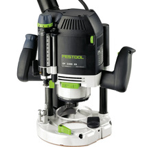 Festool Oberfräse OF 2200 EB mit zwei Handgriffen, Tiefeneinstellung und transparentem Absaugstutzen.