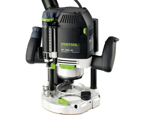 Festool Oberfräse OF 2200 EB mit zwei Handgriffen, Tiefeneinstellung und transparentem Absaugstutzen.