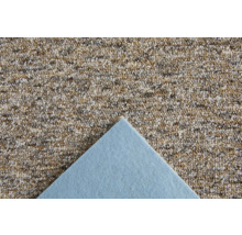 Strukturierter Schlingen-Teppichboden mit blauem Textilrücken in der Nahaufnahme.