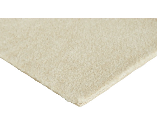 Nahaufnahme eines Teppichbodens mit dichtem Flor in Beige.