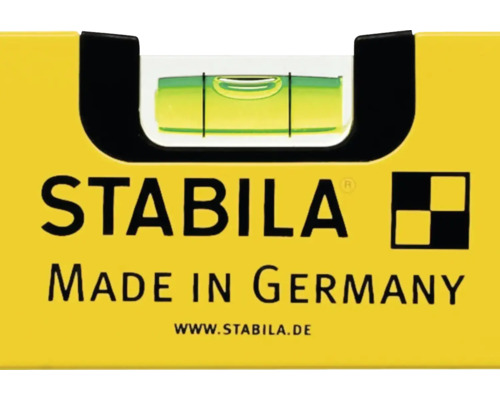 Detailansicht einer Stabila Wasserwaage mit Libelle, Stabila Logo und Herkunftsbezeichnung Made in Germany.