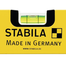 Nahaufnahme einer Stabila Wasserwaage mit Libelle, Stabila Logo und Herkunftsbezeichnung Deutschland.