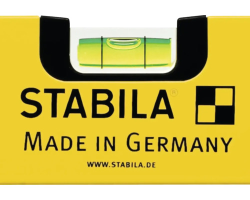 Nahaufnahme einer Stabila Wasserwaage mit Libelle, Stabila Logo und Herkunftsbezeichnung Deutschland.