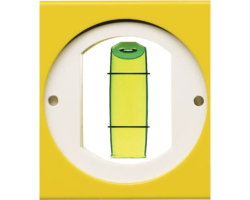 Nahaufnahme der vertikalen Libelle einer Wasserwaage in einem gelben Gehäuse.