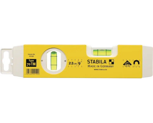 Stabila Wasserwaage Type 70 TM mit einer Länge von 22 Zentimetern und Magnetsystem.