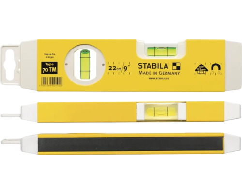 Stabila Logo, Wasserwaage Typ 70 TM, Länge 22 Zentimeter, mit Magnet und zwei Libellen.