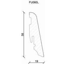 Profilzeichnung einer Sockelleiste mit den Maßen 58 mal 19 Millimeter.
