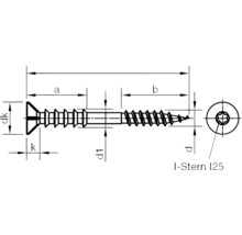 Technische Zeichnung einer Schraube mit I-Stern I25 Antrieb und Detailmaßen