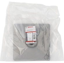 Bosch Logo. Quadratische Aufnahmeplatte mit den Maßen 150 x 150 Millimeter in Verpackung.