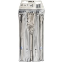 Bosch Logo. Set mit drei SDS-Plus-Meißeln mit den Maßen 250 mm, 40 x 250 mm und 20 x 250 mm in einer Verpackung.