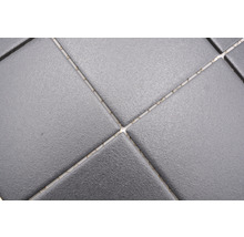 Nahaufnahme von quadratischen, dunklen Bodenfliesen mit Fugen