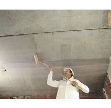 Ein Mann streicht eine Zimmerdecke mit einer Farbwalze.