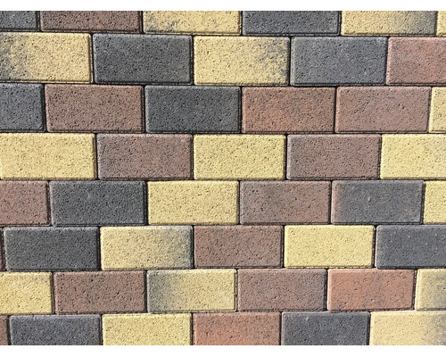 Rechteckige Betonpflastersteine in verschiedenen Farben für die Gestaltung von Wegen und Terrassen.