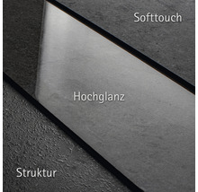 Nahaufnahme verschiedener Oberflächen: Softtouch, Hochglanz und Struktur