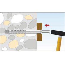 Illustration eines Dübels, der mit einem Hammer in eine Wand geschlagen wird