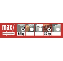 Information zur maximalen Belastbarkeit des Dübels in verschiedenen Materialien: Beton 35 kg, Mauerwerk 30 kg.