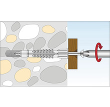 Illustration einer Schraube mit Dübel, die in eine Steinwand eingeschraubt wird