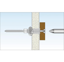 Illustration einer Hohlraumdübelmontage in einer Wand mit Schraube und Schraubendreher