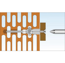 Illustration einer Hohlraumdübelmontage in einer Lochziegelwand mit Schraube und Holzbrett