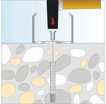 Illustration eines Bolzenankers, der mit einem Hammer und Setzwerkzeug in Stein befestigt wird