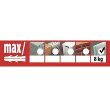 max Dübel geeignet für Beton, Lochstein, Hohlblockstein, Kalksandstein, Ziegel und Gipskarton mit maximaler Last von 8 Kilogramm