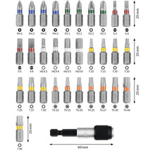 Sortiment verschiedener Schrauberbits inklusive magnetischem Bithalter mit einer Länge von 60 Millimeter.