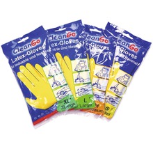 Verschiedene Packungen gelber CleanGo Latexhandschuhe in den Größen Small, Medium, Large und Extra Large